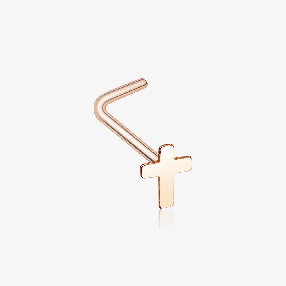 Rose Gold Dainty Cross Icon L-Shaped Nose Ring