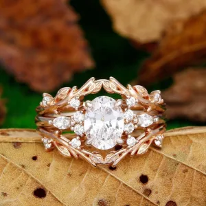 Rose Gold Oval Shaped  Nature Inspired Leaf Branch Band Moissanite Wedding Ring Set