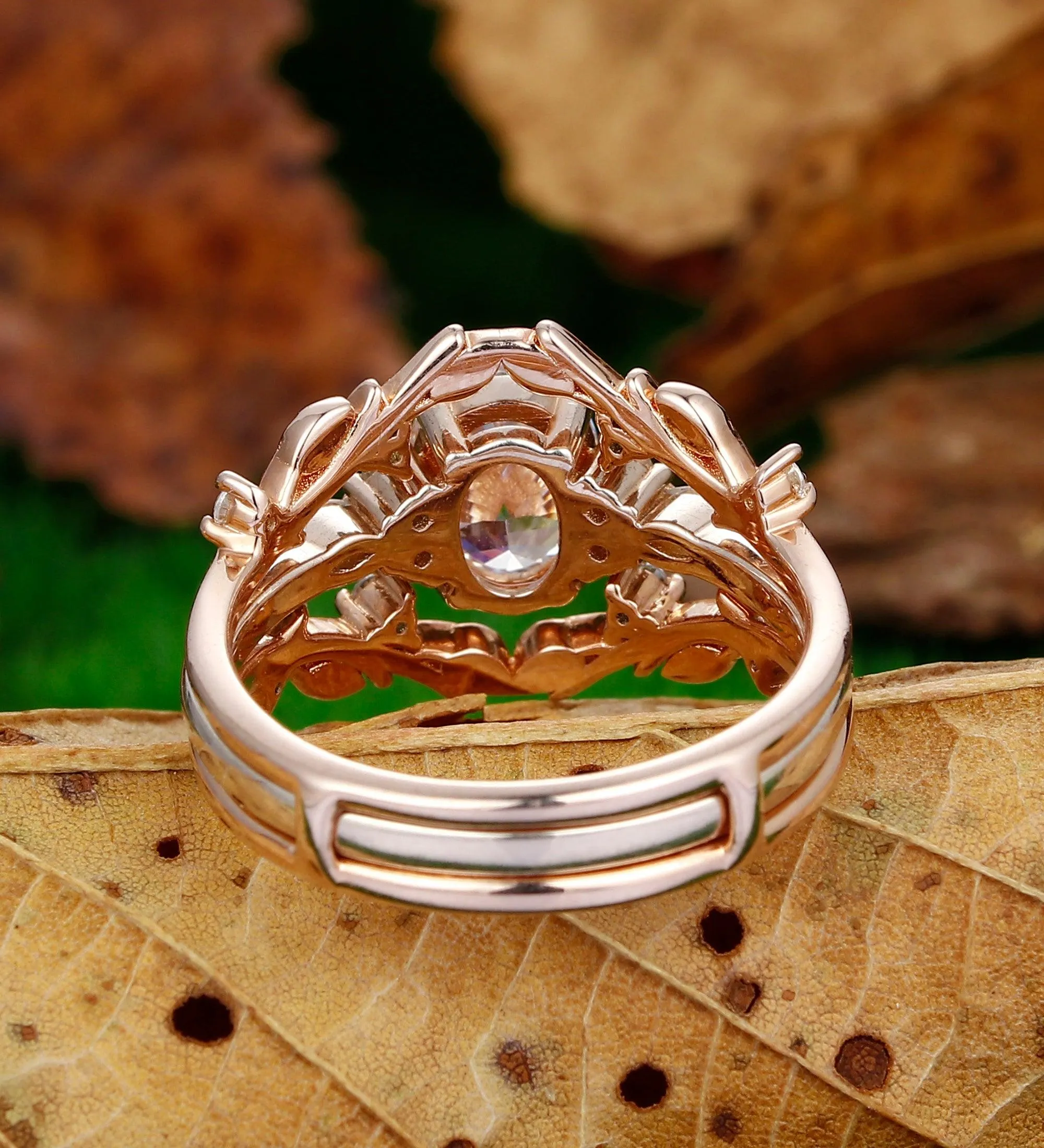 Rose Gold Oval Shaped  Nature Inspired Leaf Branch Band Moissanite Wedding Ring Set