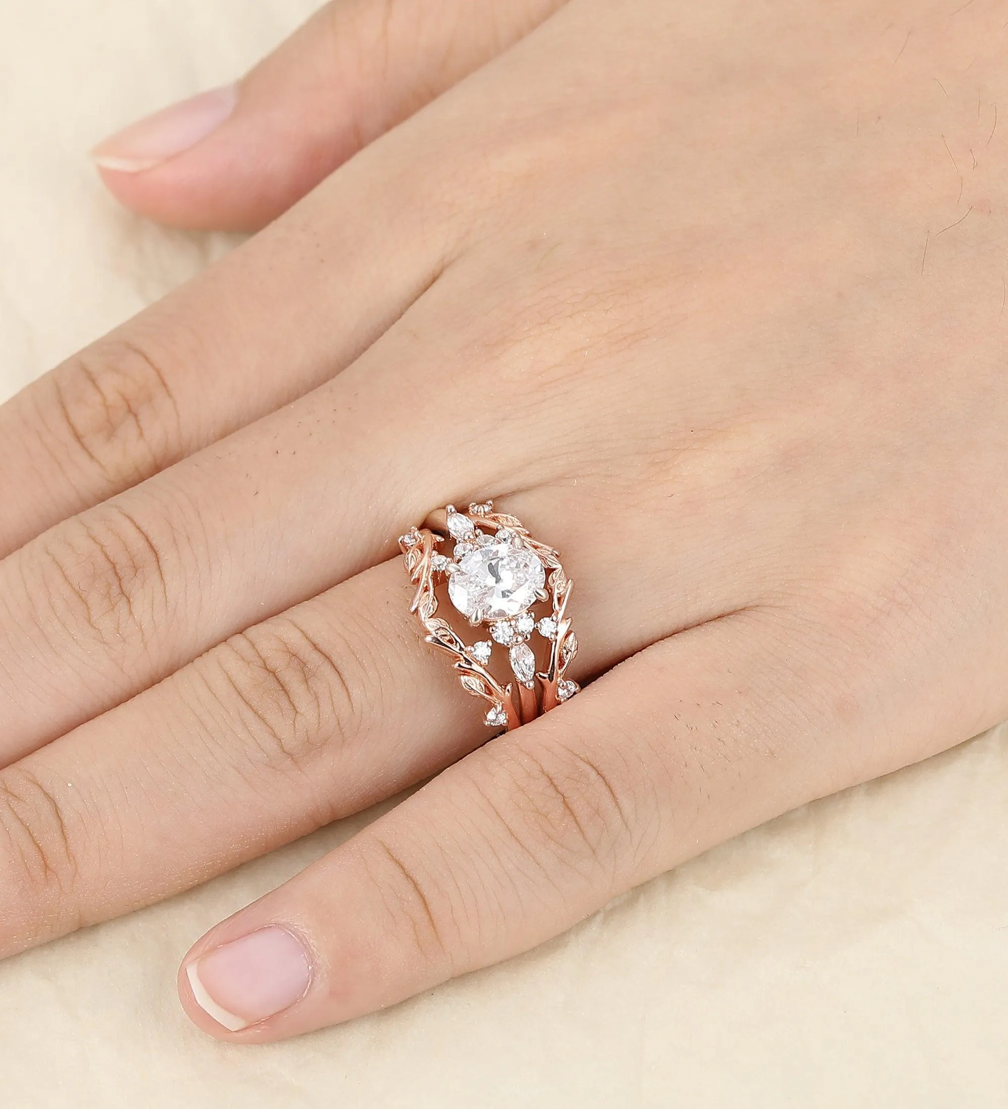 Rose Gold Oval Shaped  Nature Inspired Leaf Branch Band Moissanite Wedding Ring Set