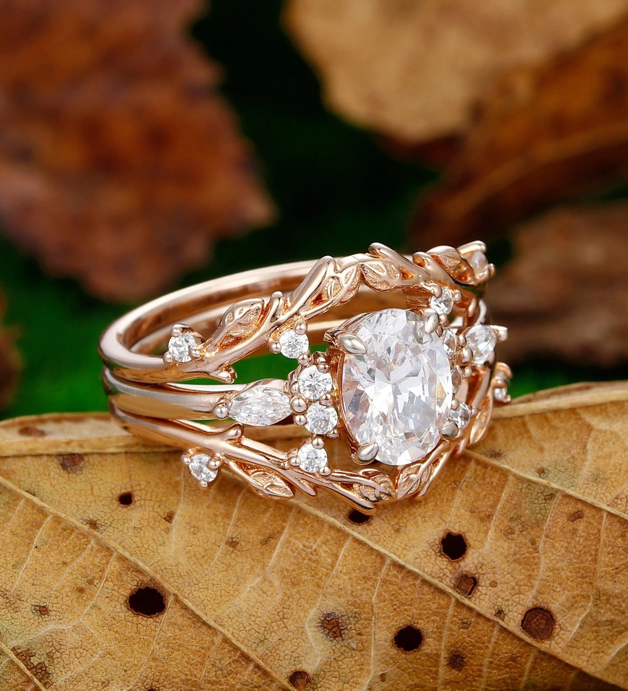 Rose Gold Oval Shaped  Nature Inspired Leaf Branch Band Moissanite Wedding Ring Set