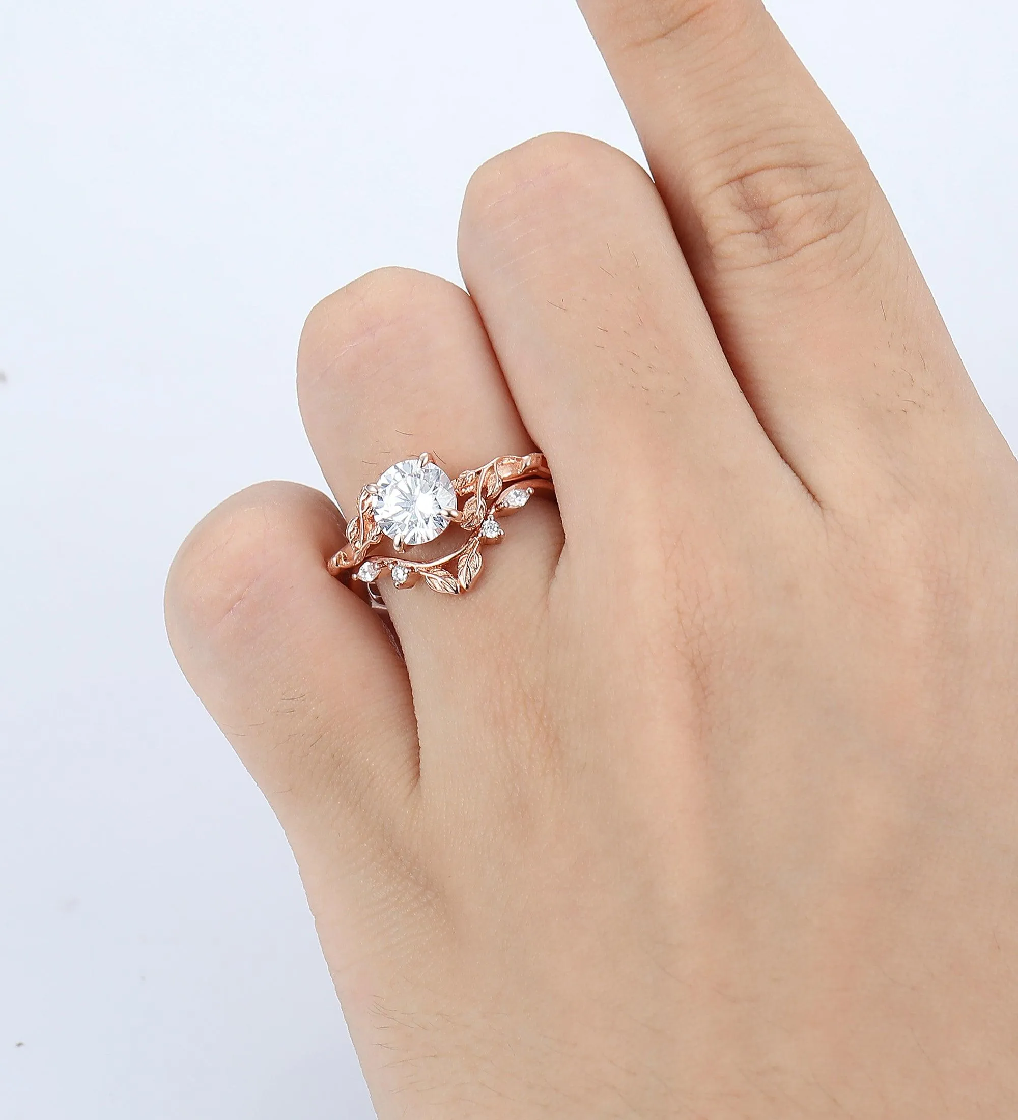 Round Shaped 1.25CT Moissanite  14k Rose Gold Nature Inspired Leaf Twig Wedding Ring