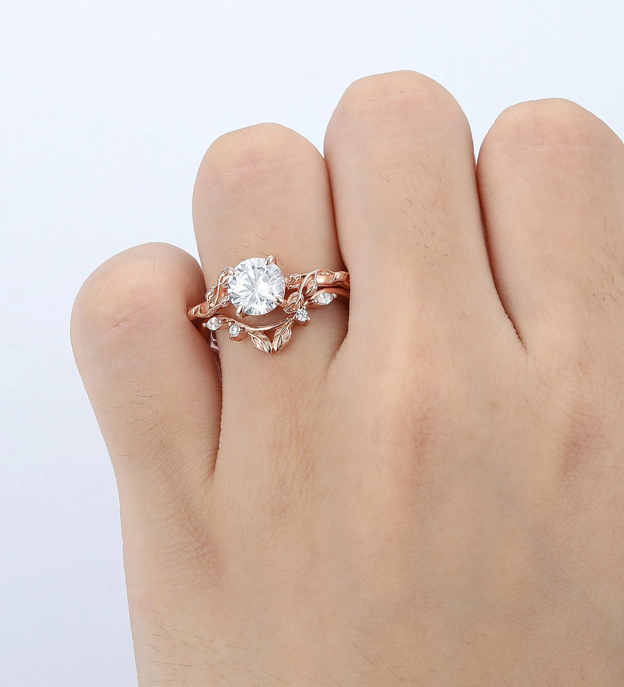 Round Shaped 1.25CT Moissanite  14k Rose Gold Nature Inspired Leaf Twig Wedding Ring