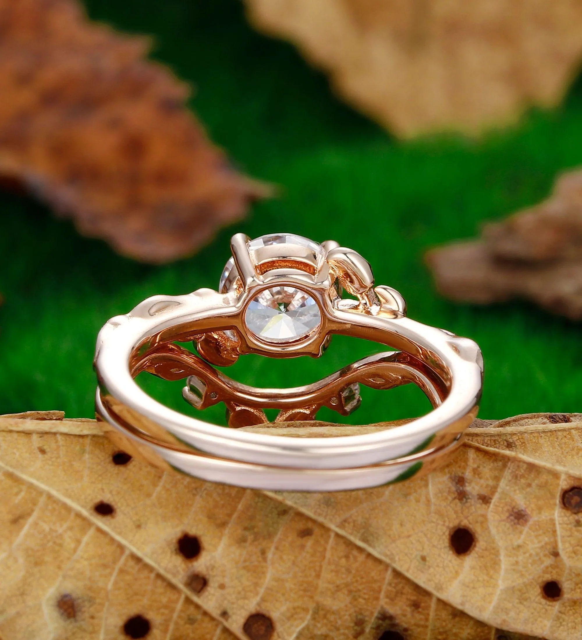 Round Shaped 1.25CT Moissanite  14k Rose Gold Nature Inspired Leaf Twig Wedding Ring