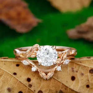 Round Shaped 1.25CT Moissanite  14k Rose Gold Nature Inspired Leaf Twig Wedding Ring