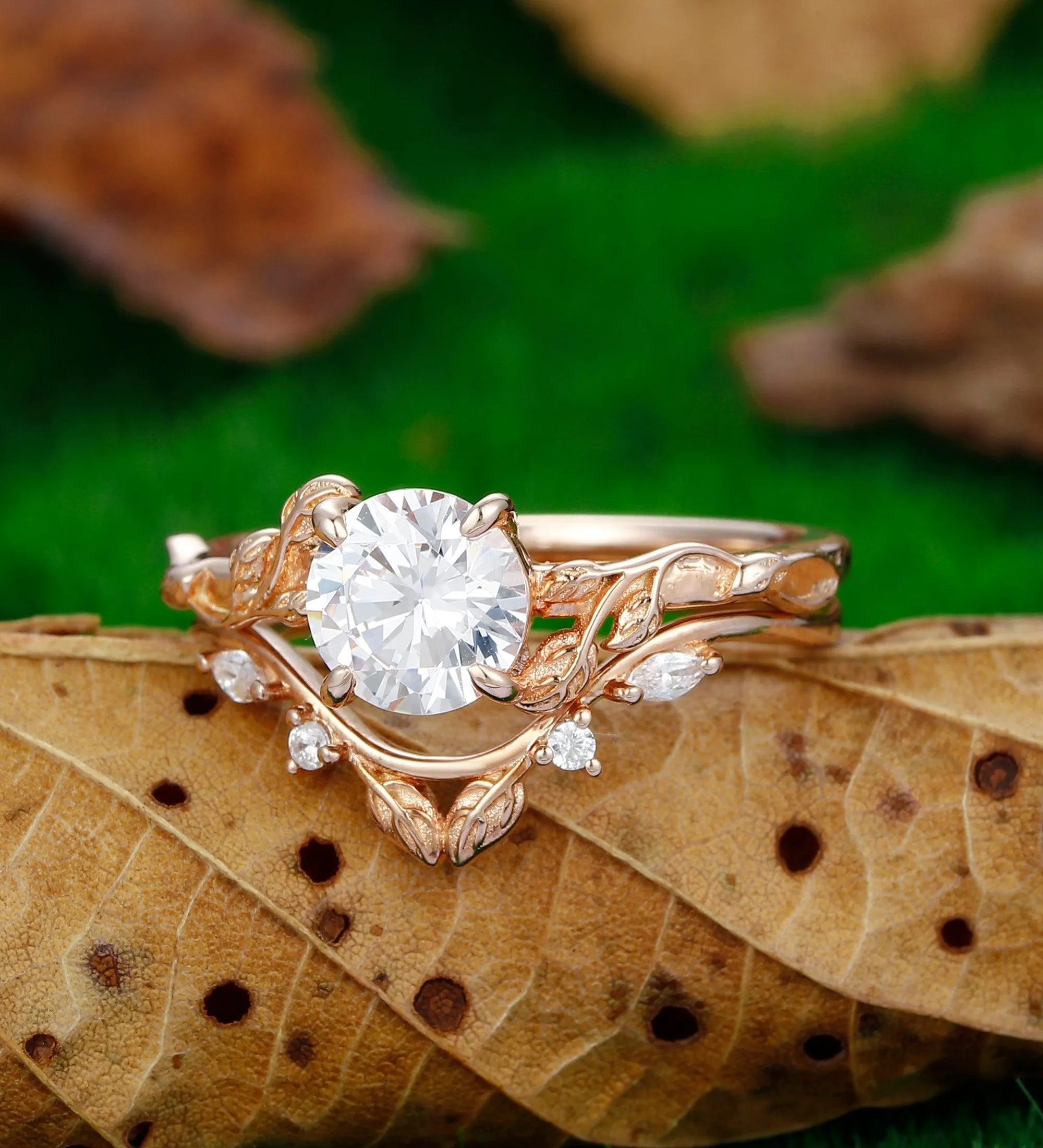 Round Shaped 1.25CT Moissanite  14k Rose Gold Nature Inspired Leaf Twig Wedding Ring