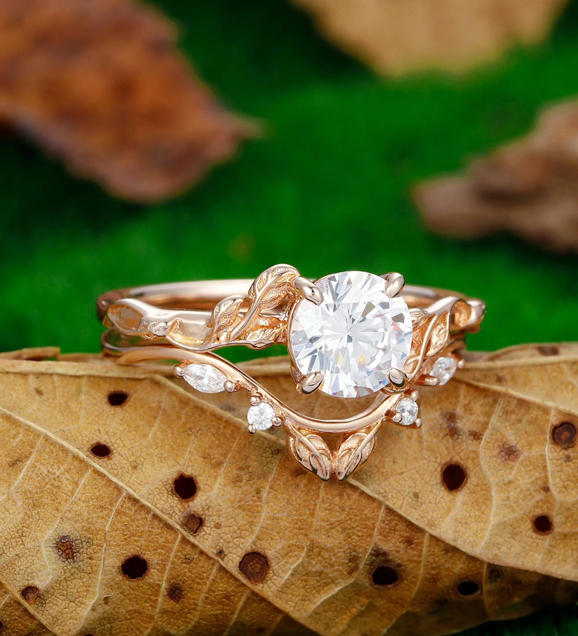 Round Shaped 1.25CT Moissanite  14k Rose Gold Nature Inspired Leaf Twig Wedding Ring