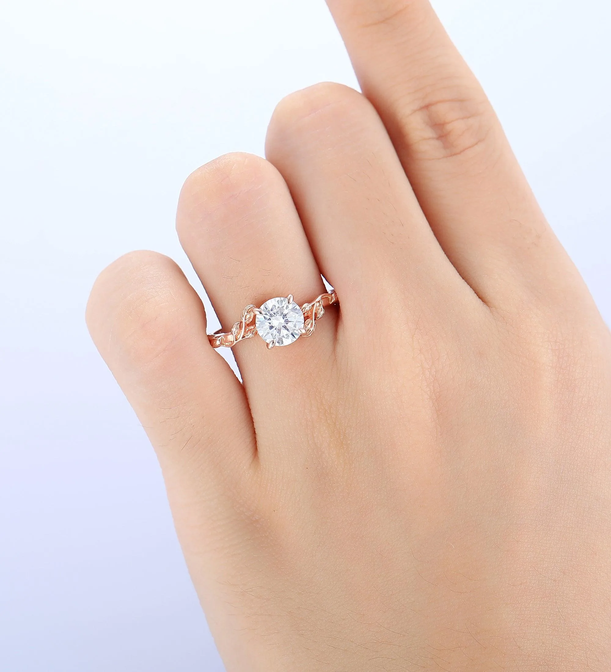 Round Shaped 1.25CT Moissanite Ring Solid 14k Rose Gold Leaf Vine  Dainty Jewelry