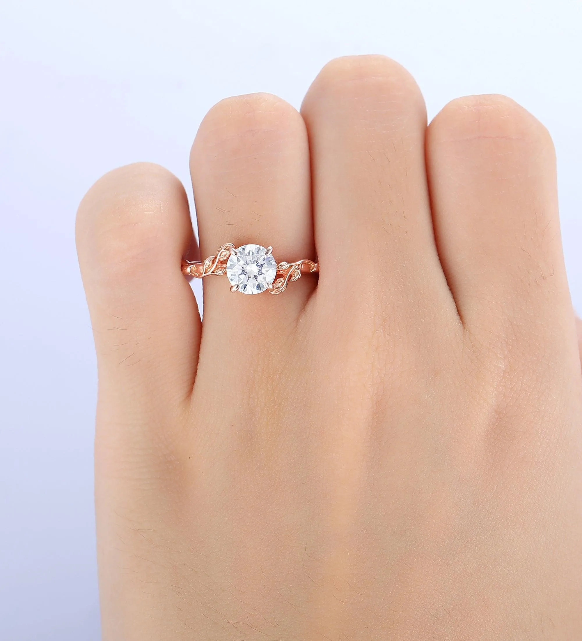 Round Shaped 1.25CT Moissanite Ring Solid 14k Rose Gold Leaf Vine  Dainty Jewelry