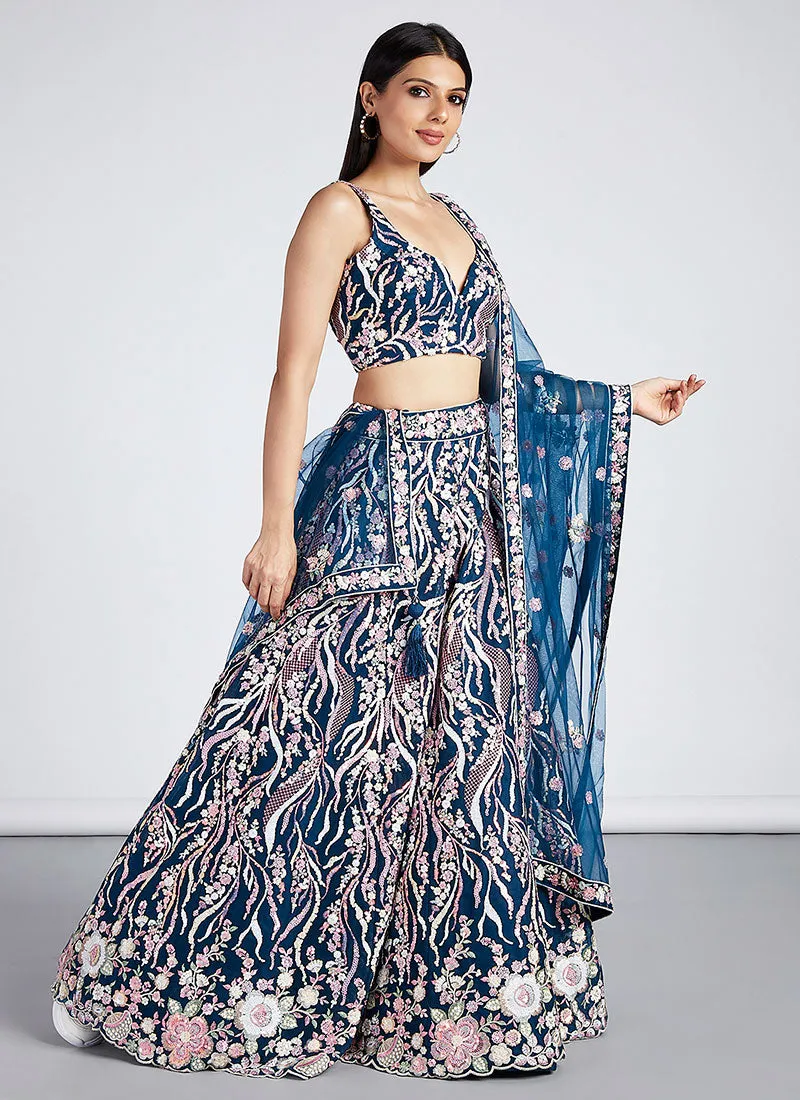 Royal Blue Multi Embroidery Lehenga Choli And Dupatta