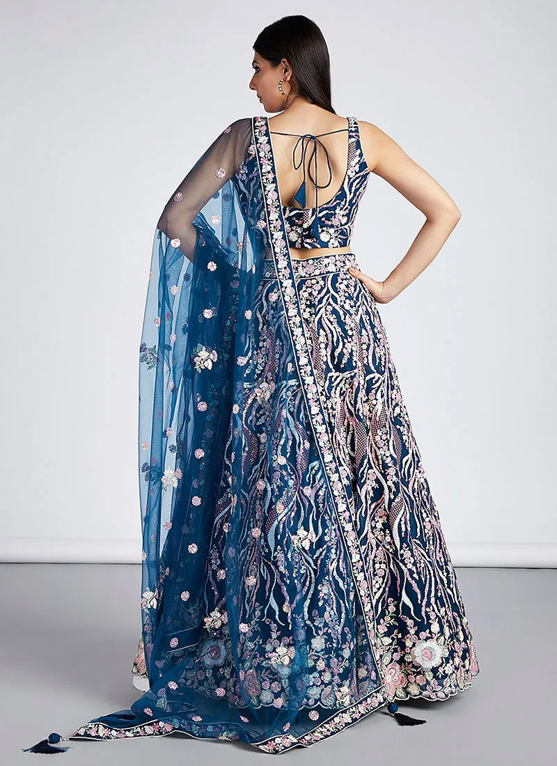 Royal Blue Multi Embroidery Lehenga Choli And Dupatta