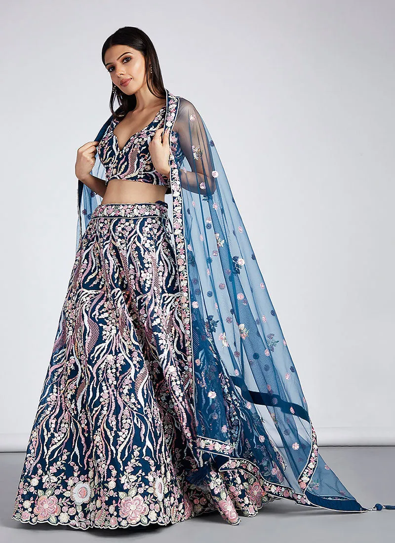 Royal Blue Multi Embroidery Lehenga Choli And Dupatta