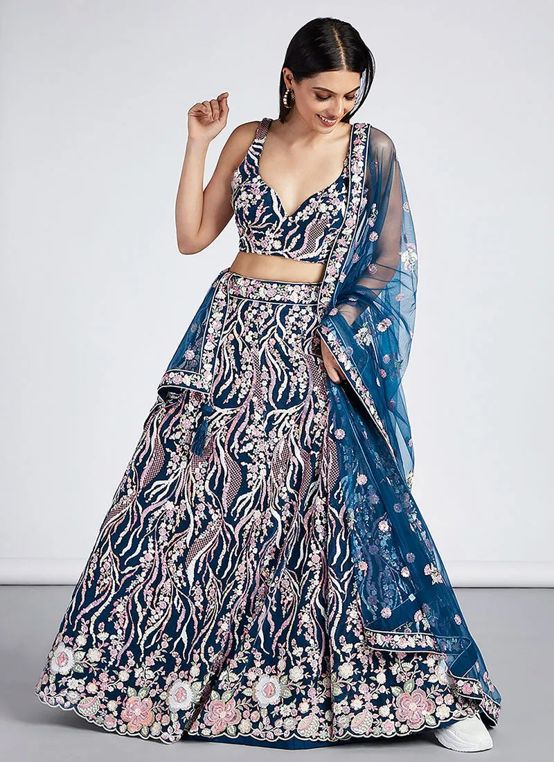 Royal Blue Multi Embroidery Lehenga Choli And Dupatta