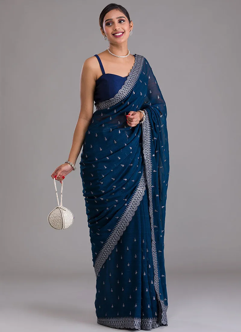 Royal Blue Sequence Embroidery Chiffon Saree