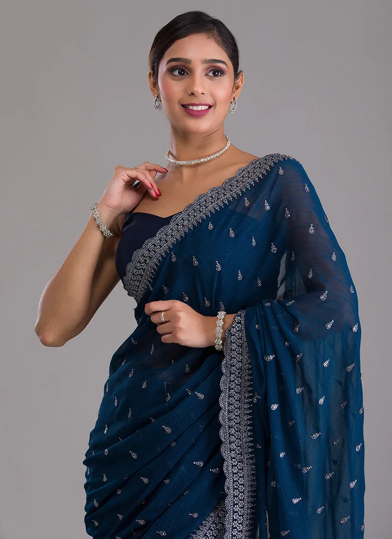 Royal Blue Sequence Embroidery Chiffon Saree