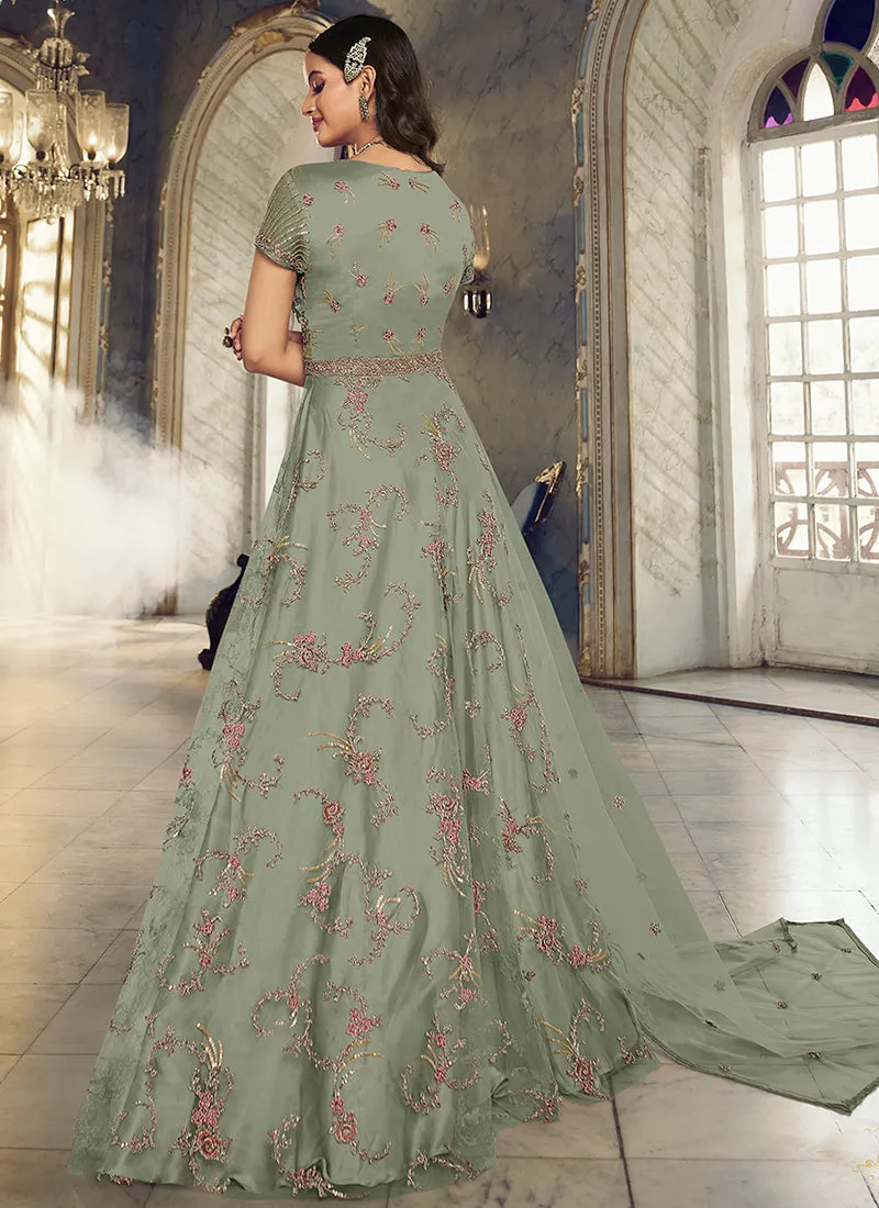 Sea Green Embroidered Traditional Net Anarkali Suit