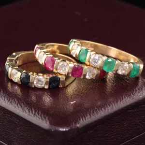 Set of 3 Vintage Estate 14K Yellow Gold Diamond Ruby Sapphire Emerald Stacking Rings