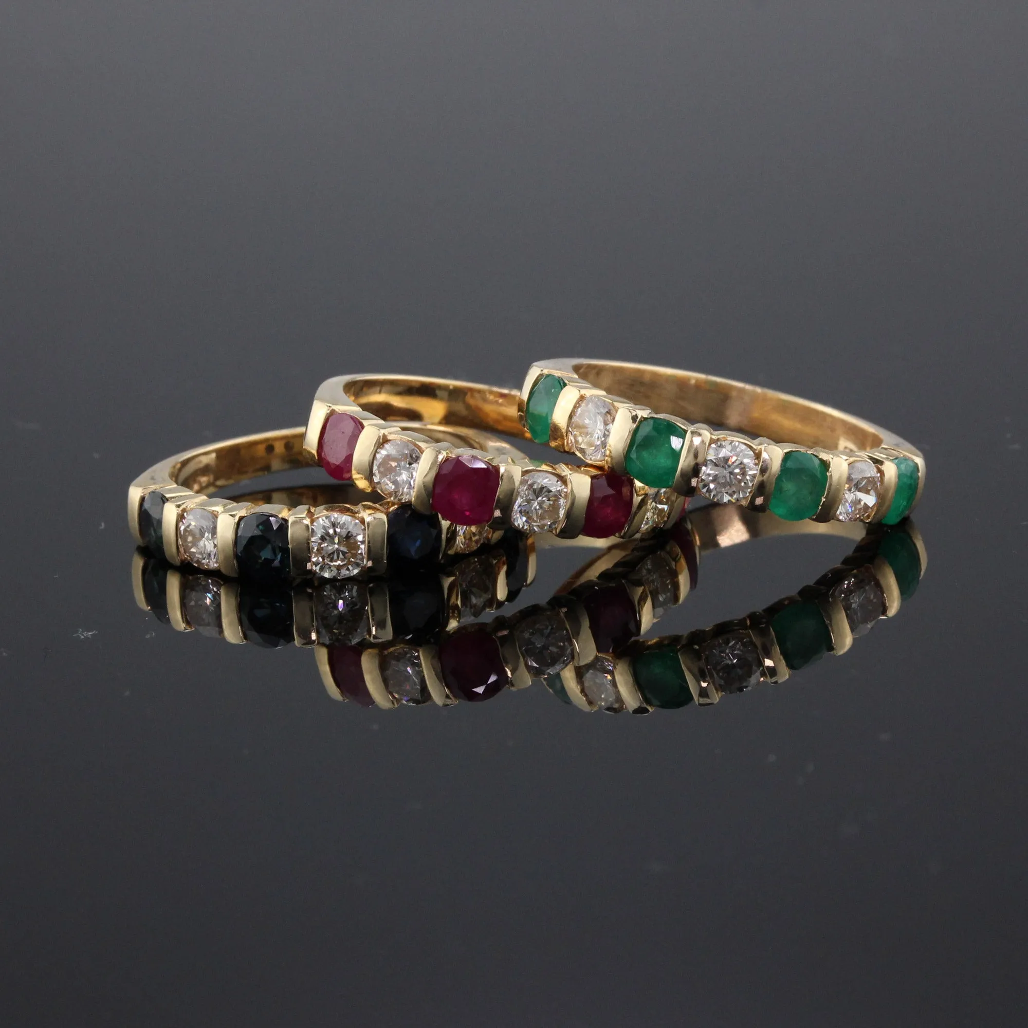 Set of 3 Vintage Estate 14K Yellow Gold Diamond Ruby Sapphire Emerald Stacking Rings