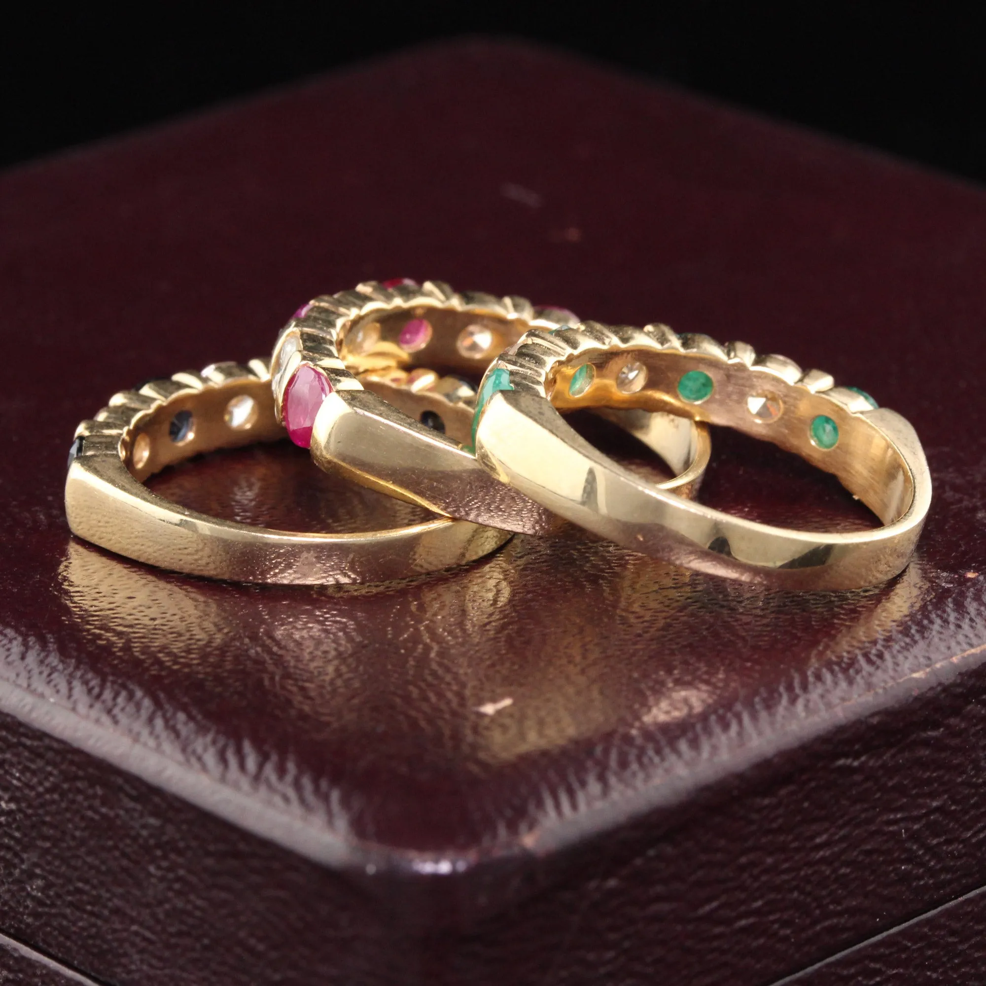 Set of 3 Vintage Estate 14K Yellow Gold Diamond Ruby Sapphire Emerald Stacking Rings