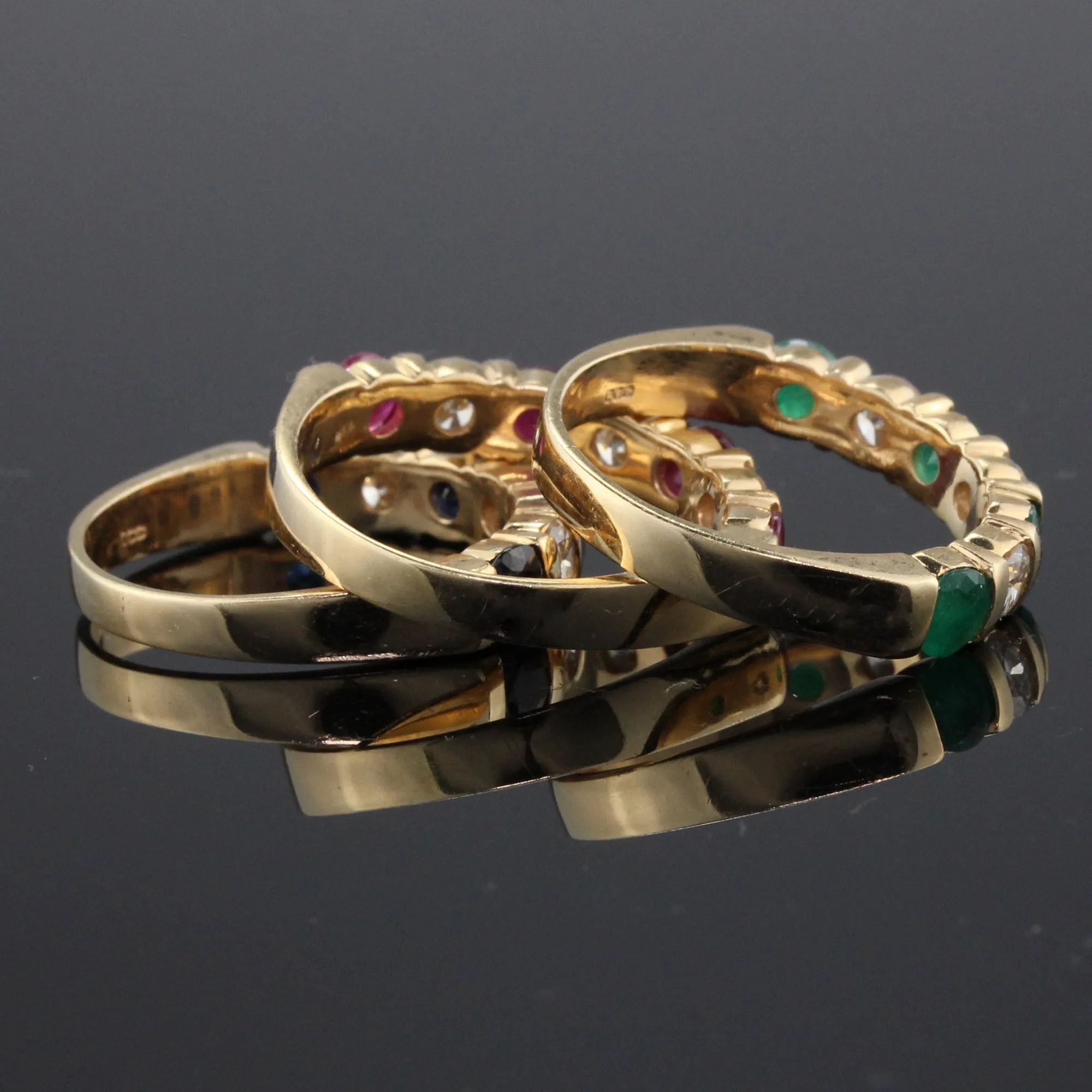 Set of 3 Vintage Estate 14K Yellow Gold Diamond Ruby Sapphire Emerald Stacking Rings