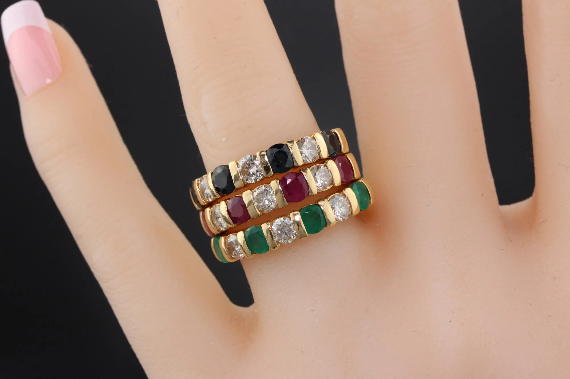 Set of 3 Vintage Estate 14K Yellow Gold Diamond Ruby Sapphire Emerald Stacking Rings