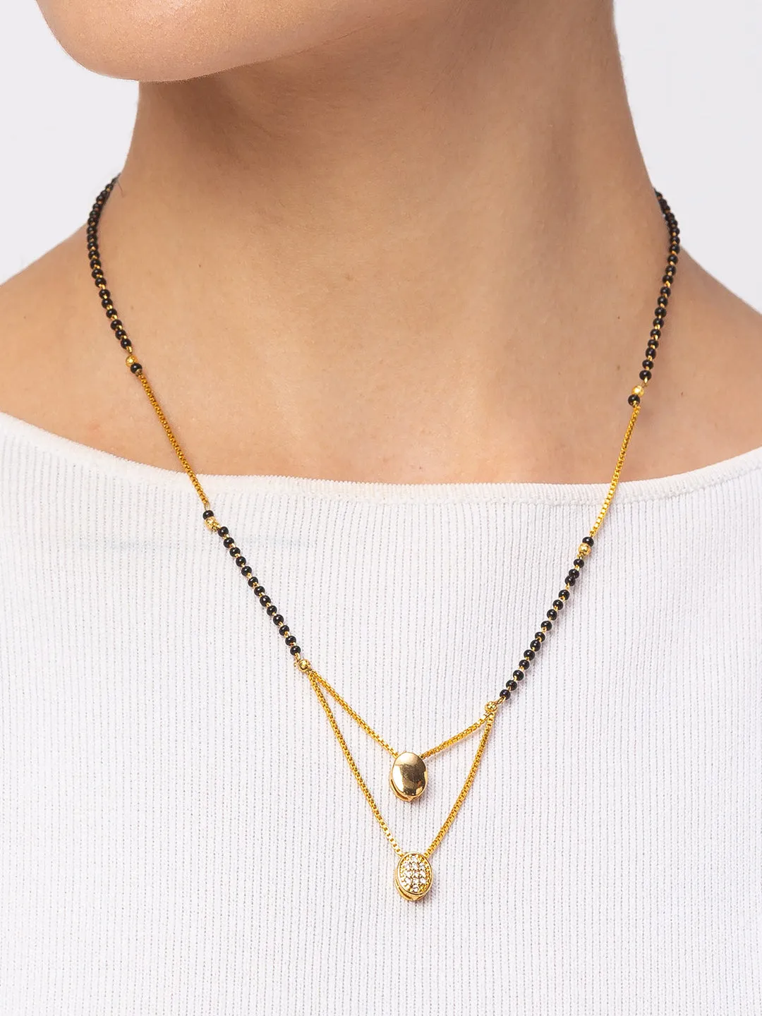 Short Mangalsutra Design Gold Plated Double Oval Shape American Diamond Pendant मंगलसूत्र For Women