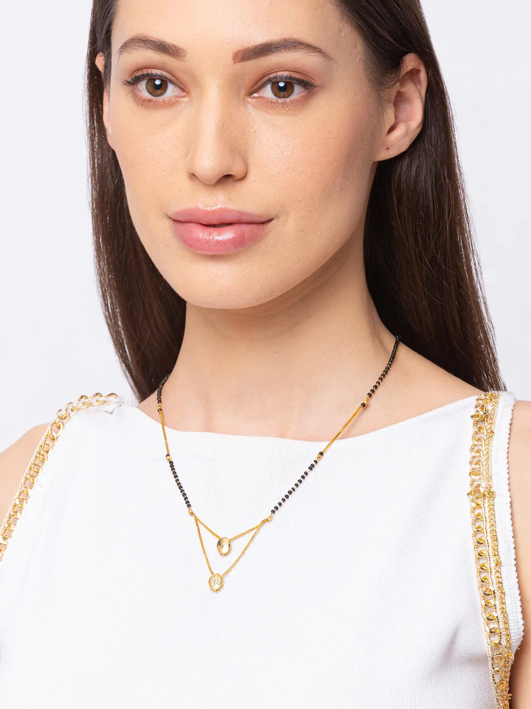 Short Mangalsutra Design Gold Plated Double Oval Shape American Diamond Pendant मंगलसूत्र For Women