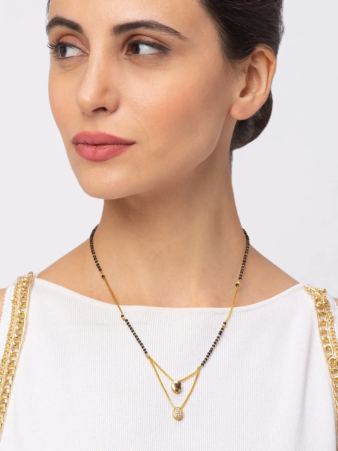Short Mangalsutra Design Gold Plated Double Oval Shape American Diamond Pendant मंगलसूत्र For Women