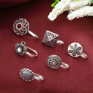 Silver Floral Nose Ring Set of 6