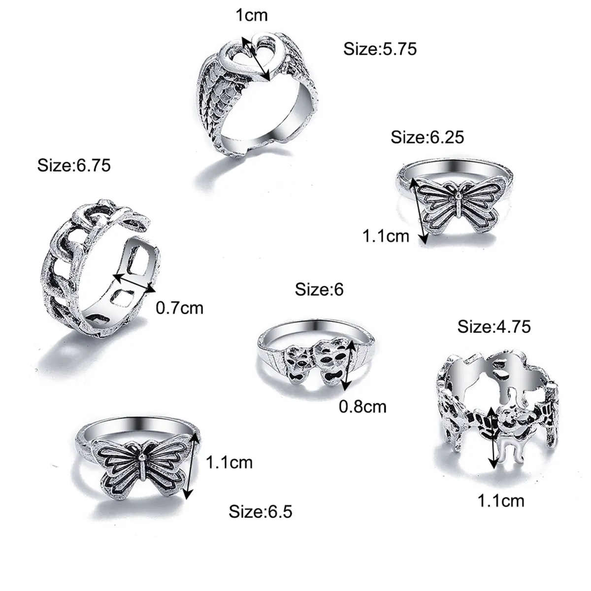 Silver-Plated Butterfly Heart Ring Set