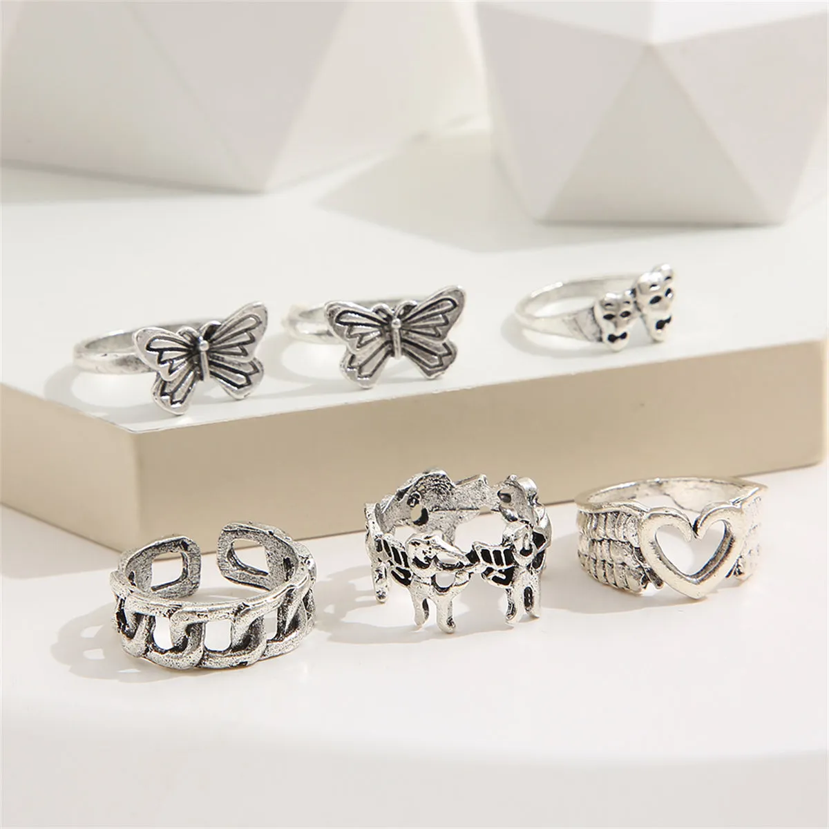 Silver-Plated Butterfly Heart Ring Set