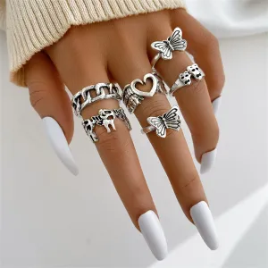 Silver-Plated Butterfly Heart Ring Set