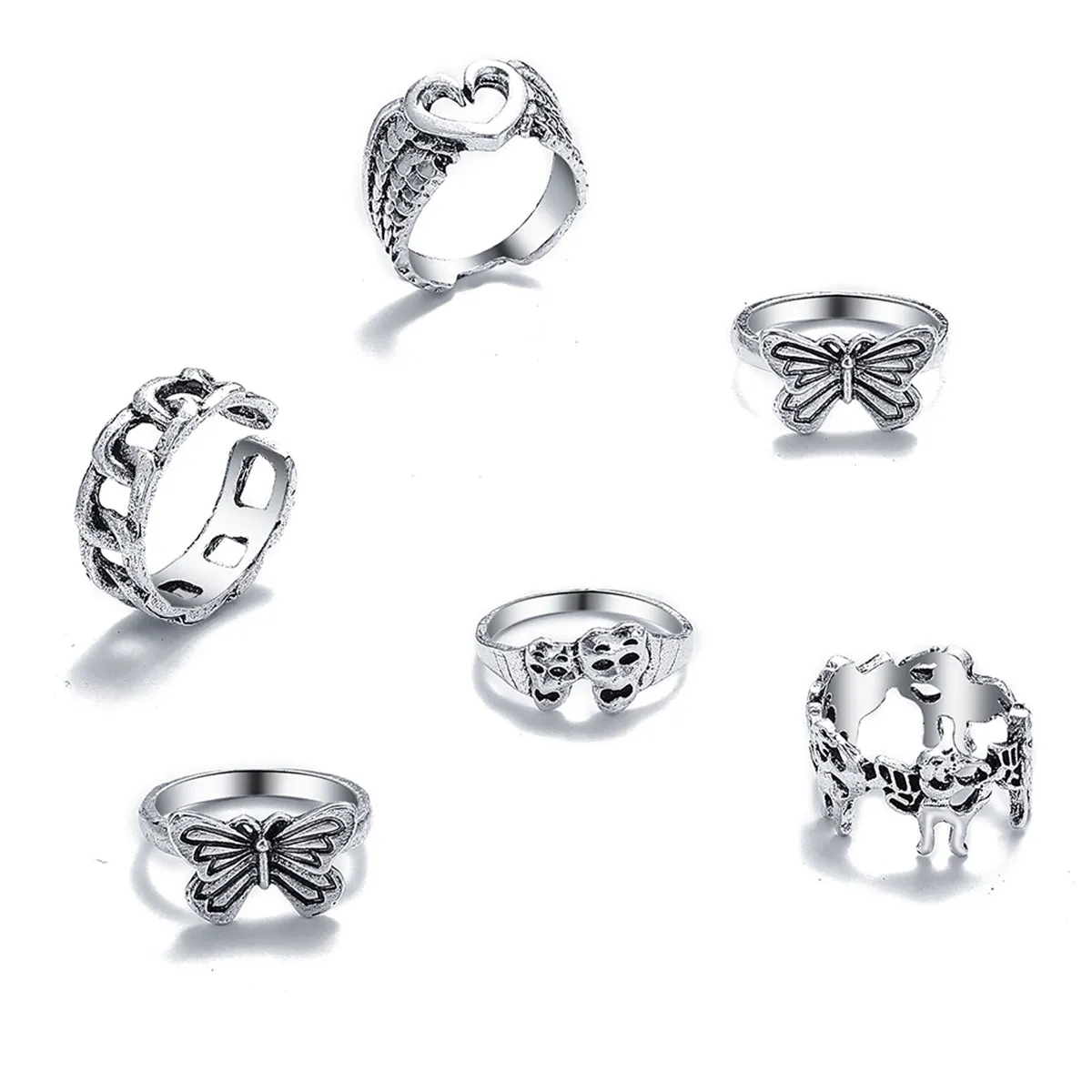 Silver-Plated Butterfly Heart Ring Set