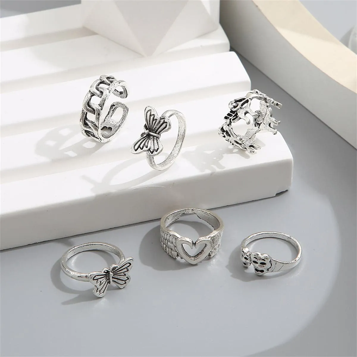 Silver-Plated Butterfly Heart Ring Set