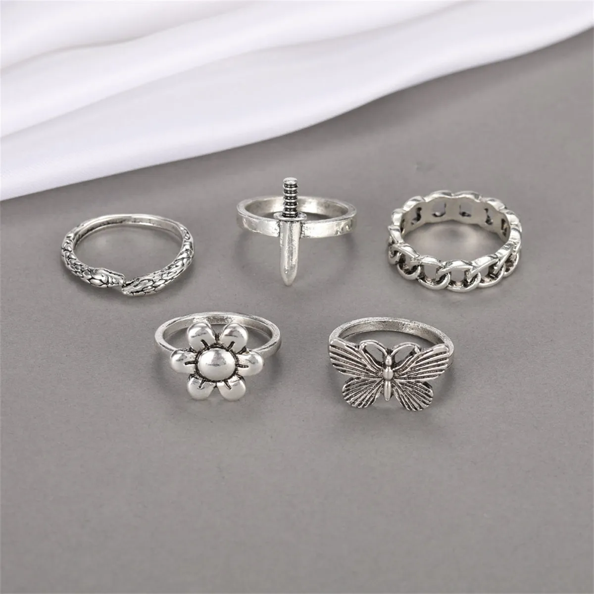 Silver-Plated Butterfly Snake Flower Ring Set