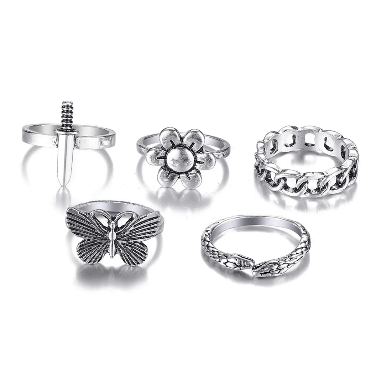 Silver-Plated Butterfly Snake Flower Ring Set