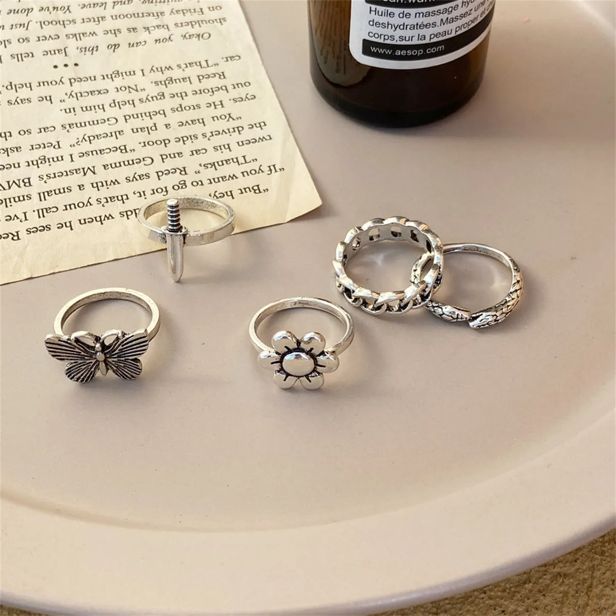 Silver-Plated Butterfly Snake Flower Ring Set