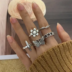Silver-Plated Butterfly Snake Flower Ring Set