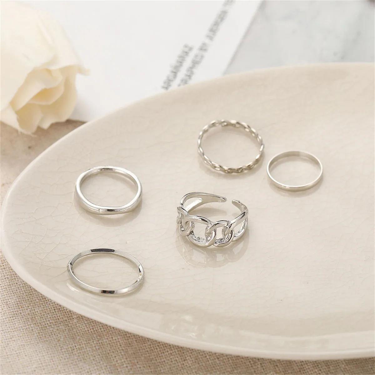 Silver-Plated Cable Chain Open Ring Set