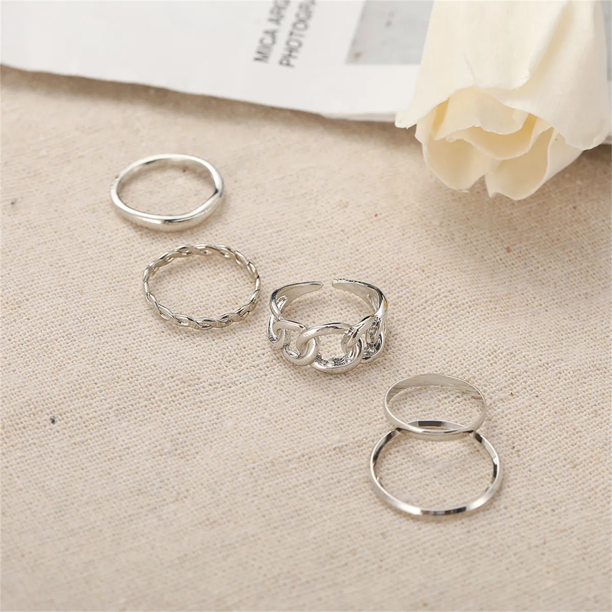 Silver-Plated Cable Chain Open Ring Set
