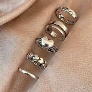 Silver-Plated Heart Textured Chevron Open Ring Set