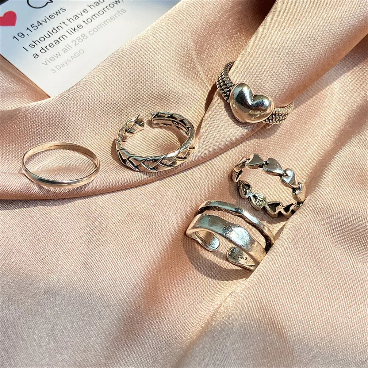 Silver-Plated Heart Textured Chevron Open Ring Set