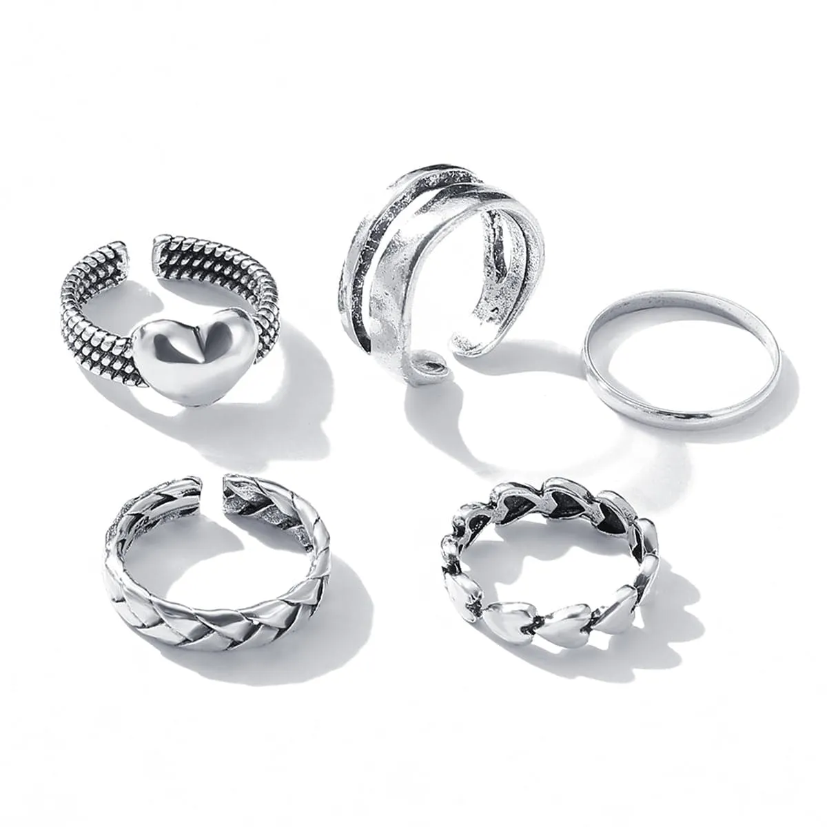 Silver-Plated Heart Textured Chevron Open Ring Set