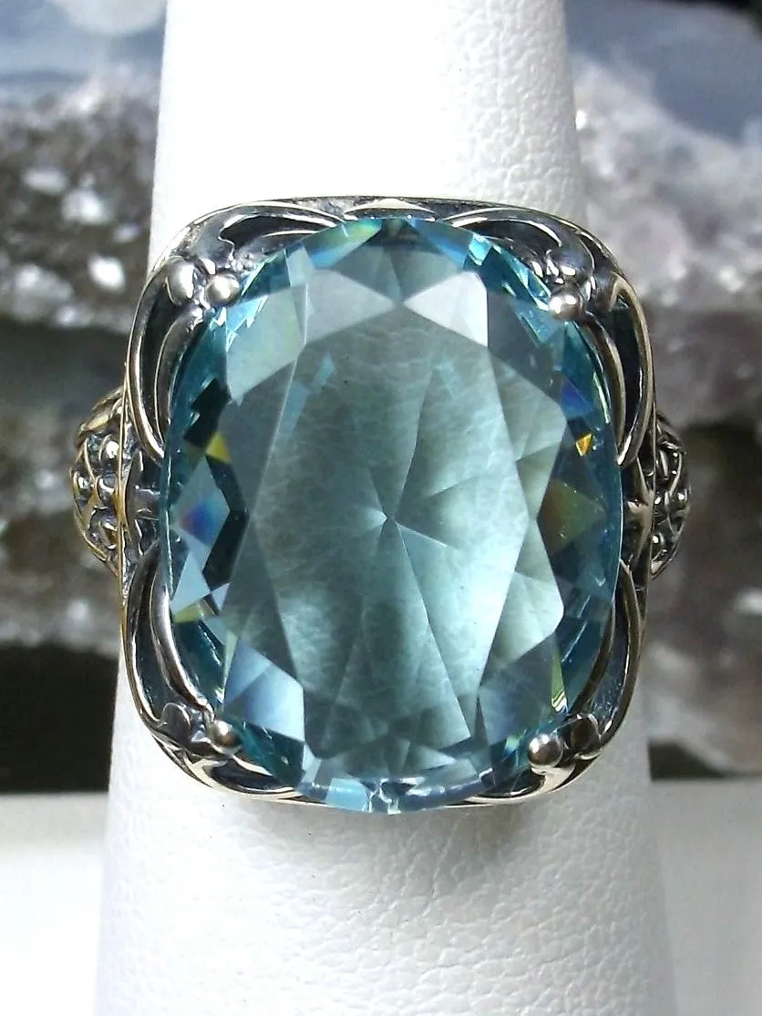 Sky Blue Aquamarine Ring, Oval Gemstone, Retro Swirl Filigree, Art Deco Vintage Jewelry, D119