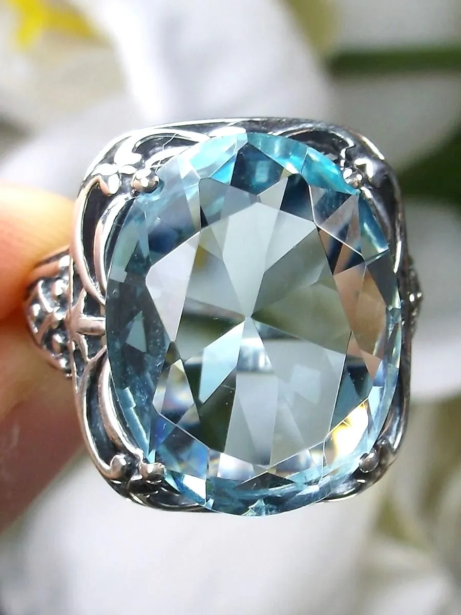 Sky Blue Aquamarine Ring, Oval Gemstone, Retro Swirl Filigree, Art Deco Vintage Jewelry, D119