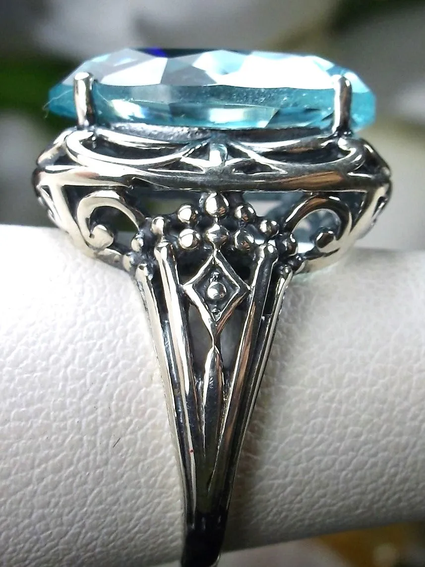 Sky Blue Aquamarine Ring, Oval Gemstone, Retro Swirl Filigree, Art Deco Vintage Jewelry, D119