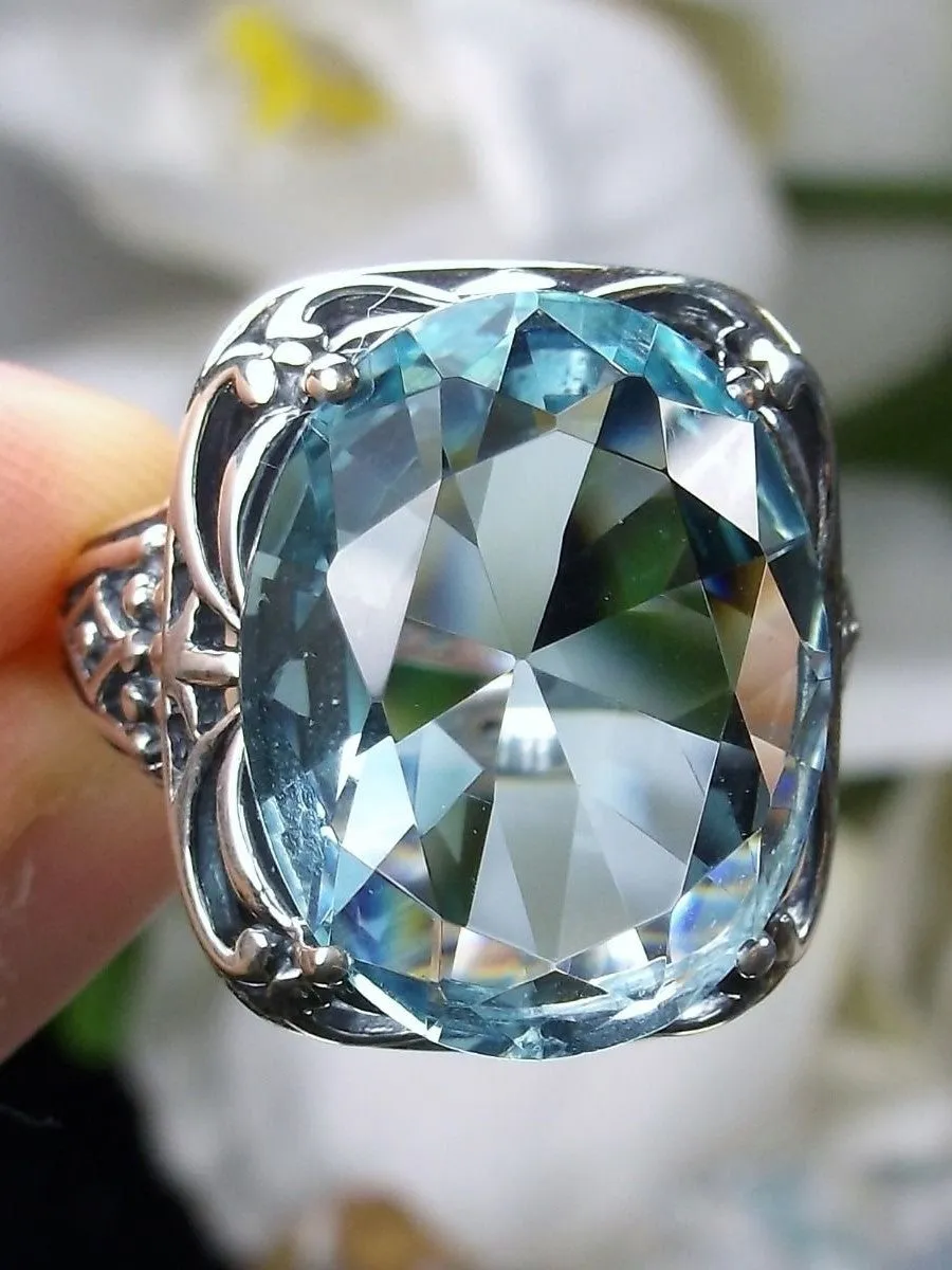 Sky Blue Aquamarine Ring, Oval Gemstone, Retro Swirl Filigree, Art Deco Vintage Jewelry, D119