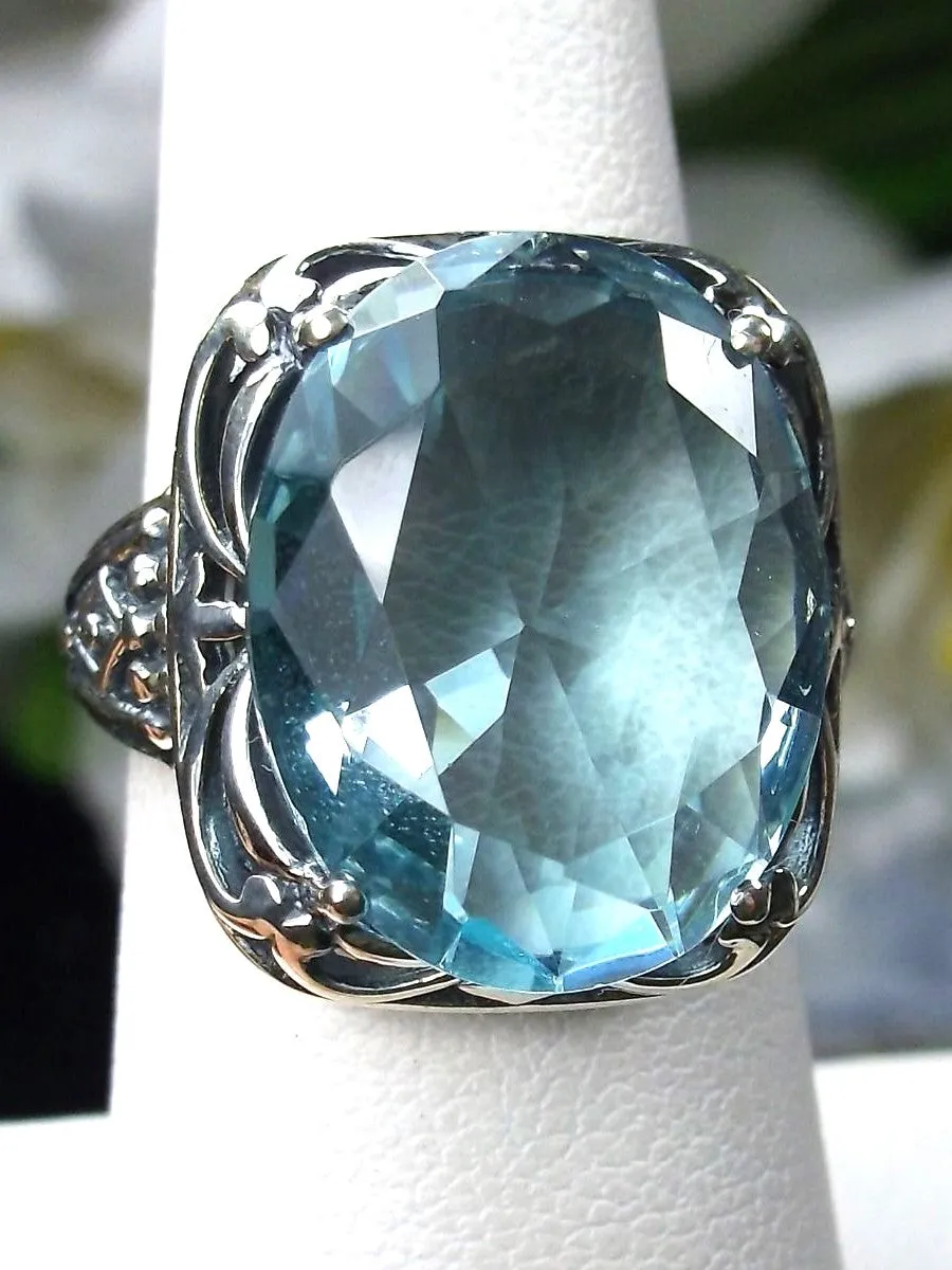 Sky Blue Aquamarine Ring, Oval Gemstone, Retro Swirl Filigree, Art Deco Vintage Jewelry, D119
