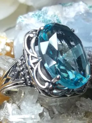 Sky Blue Aquamarine Ring, Oval Gemstone, Retro Swirl Filigree, Art Deco Vintage Jewelry, D119