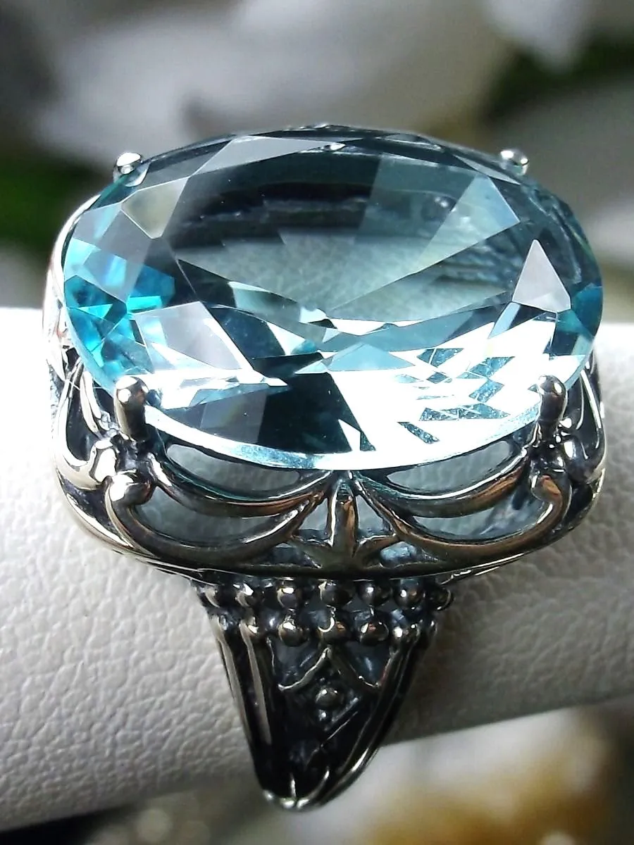 Sky Blue Aquamarine Ring, Oval Gemstone, Retro Swirl Filigree, Art Deco Vintage Jewelry, D119